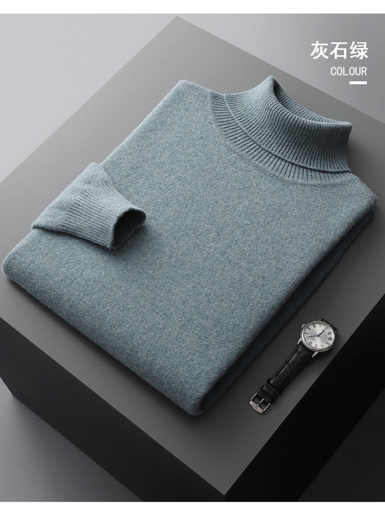 100%Merino Wool Lapel Sweater Men's Turtleneck Loose Knit Pullovers Youth Business Casual Joker Tops Warm Solid Color Base Shirt