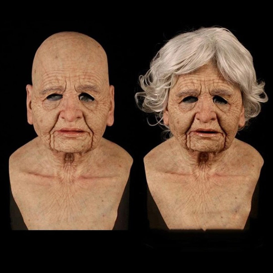 Black Elderly Woman Man Mask Wrinkle Full for Head Mask Grandpa/Grandma Face Novelty Mask Halloween Party Cosplay Props Supplies