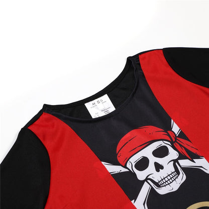 Kids Pirate Halloween Costume Striped Captain Outfit with Skull Print Eye Mask for Boys Party Performance Caribbean Theme