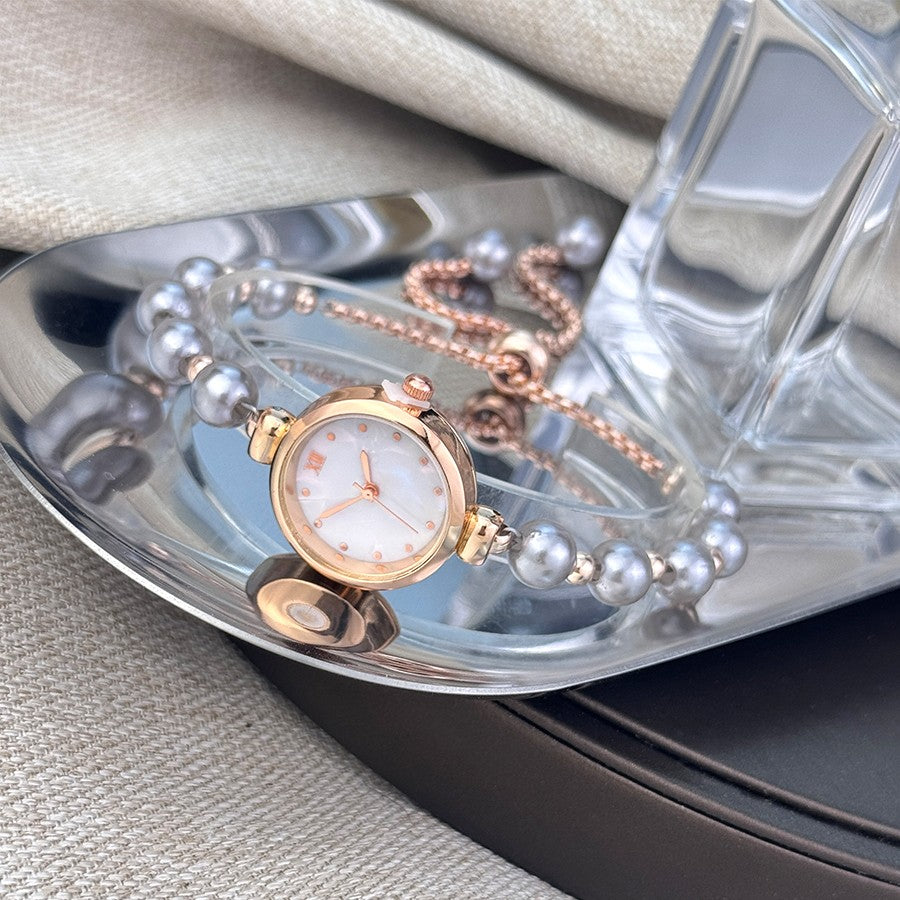 French Romantic Pearl Pull Cord Handheld Watch Elegant Small Fashion Bracelet Quartz Wristwatch Stylish Portable Timepiece