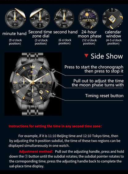 OLEVS Original Fashion Moon Phase Men's Watches Waterproof Chronograph Quartz Watch Stainless steel Calendar Brand Wristwatch