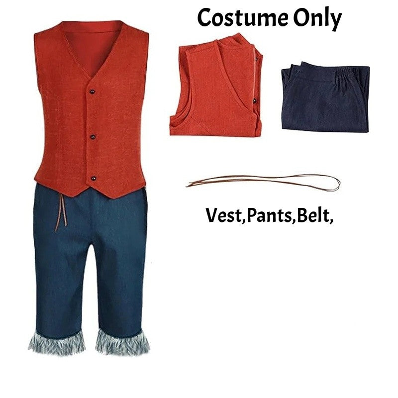 Monkey D Luffy Cosplay Costume for Men Adult Anime Outfit Halloween Party Red Vest Shorts Straw Hat Rope Set