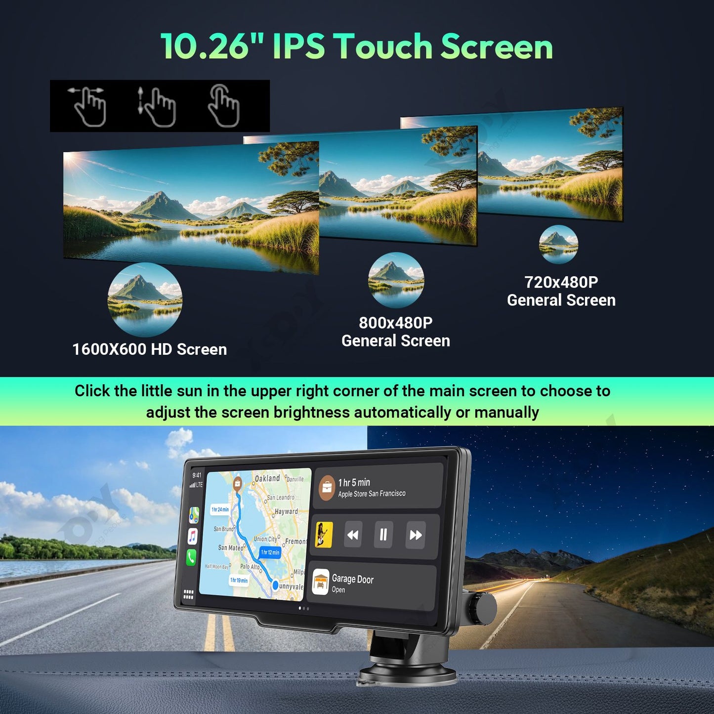 Gravador de vídeo automotivo DVR com tela sensível ao toque de 10,26" 4K, Apple CarPlay sem fio, Android Auto, lente dupla, câmera dupla DVR