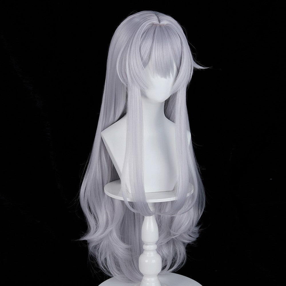Long Wavy Silver Synthetic Wigs with Bangs Anime Game Cosplay Fluffy Heat Resistant Wig for Daily Party