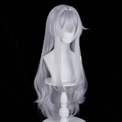 Long Wavy Silver Synthetic Wigs with Bangs Anime Game Cosplay Fluffy Heat Resistant Wig for Daily Party