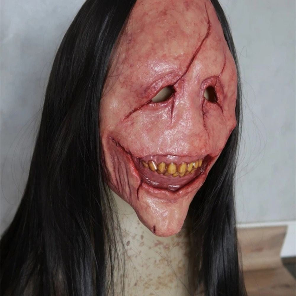 Scary Long Hair Red Face Devil Mask Exposed Teeth Latex Headgear Wig Horror Face Masks Creativity Spooky Scary Demon Mask