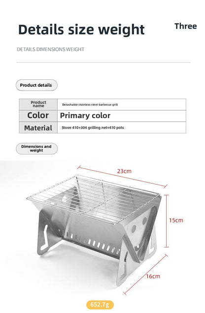 3-Piece Stainless Steel Portable BBQ Set - Compact Folding Grill for Camping, Mini Detachable Card-Style Outdoor Cooking