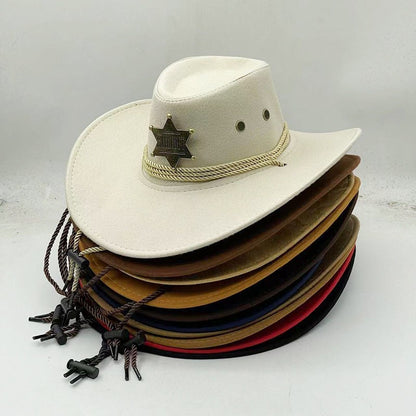 Western Cowboy Hat Retro Sheriff Cap Sunscreen With Wind Rope Hat Men And Women Horseback Riding Tourism Fishing Sunshade Cap