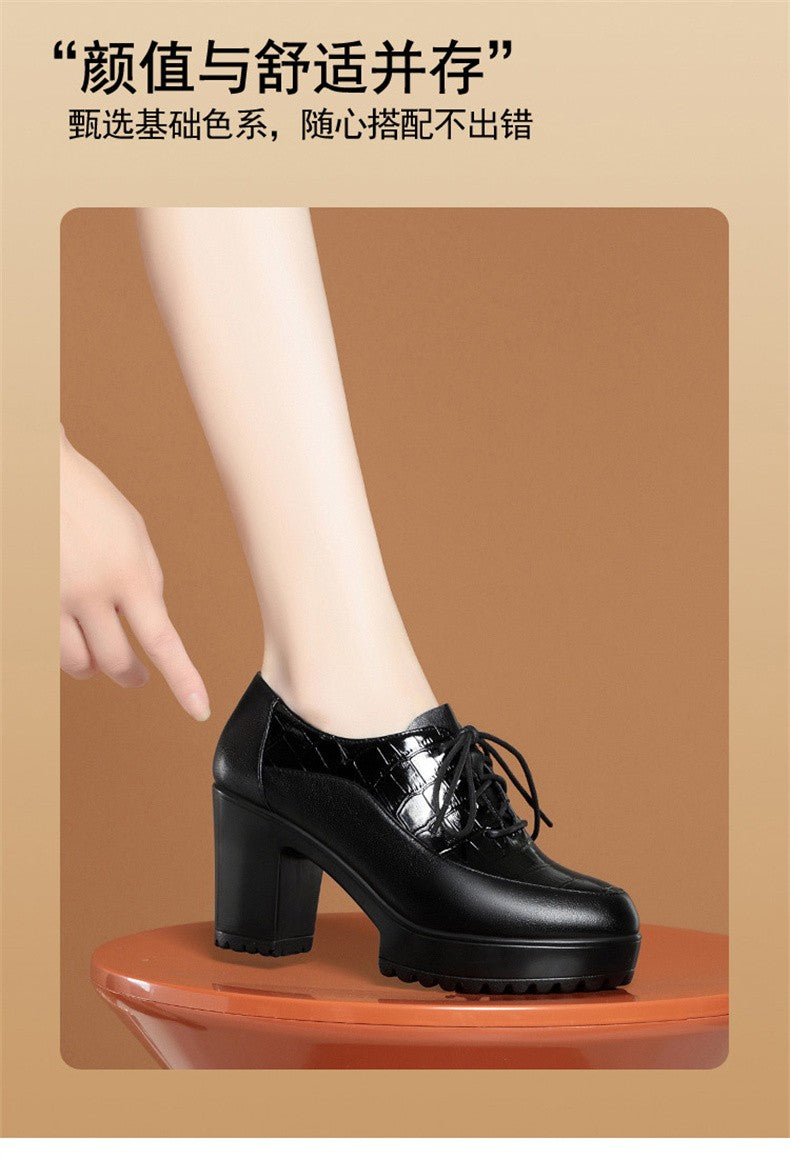 Deep Mouth Soft Leather Shoes Women Oxfords Platform Pumps High Heels Shoes Black Lace up Office Work Pumps Shoes Comfortable