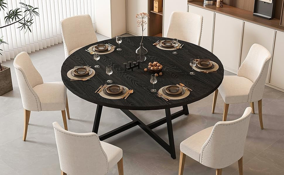 Large Round Dining Table for 6-8,Wooden Dinner Table with Heavy Duty Metal Pedestal Base,for Kitchen Living Room, 59 Inch, Black