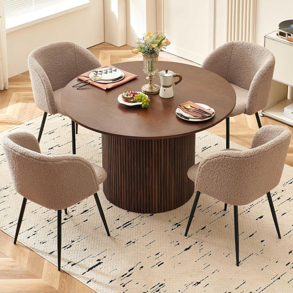 Round Dining Table for 4, Modern Farmhouse Kitchen Table, 47 Inch Small Circle Dining Tables, Walnut Wood Veneer Tabletop with W