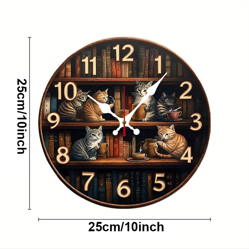 Bookshelf With Cats Wooden Round Silent Hanging Wall Clock, Suitable For Living Room, Office,Study Room,Bedroom, Home Decoration