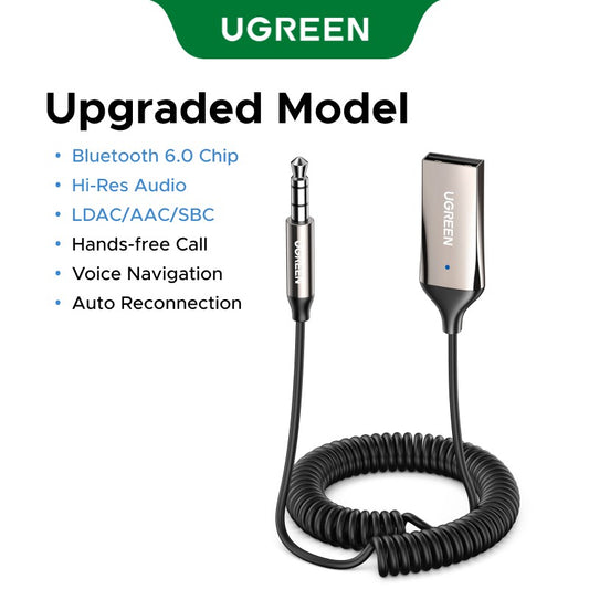 UGREEN Bluetooth 6.0 5.4  Aux Wireless Car Bluetooth USB to 3.5mm Jack Audio Mic Handsfree Adapter for Car Speaker