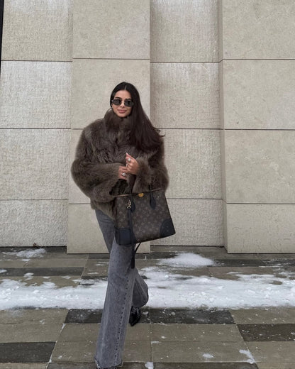 Winter Women Warm Faux Fur Coats Fashion Browns Long Sleeve Stand Collar Short Jackets 2025 Lady High Street Commute Outerwear