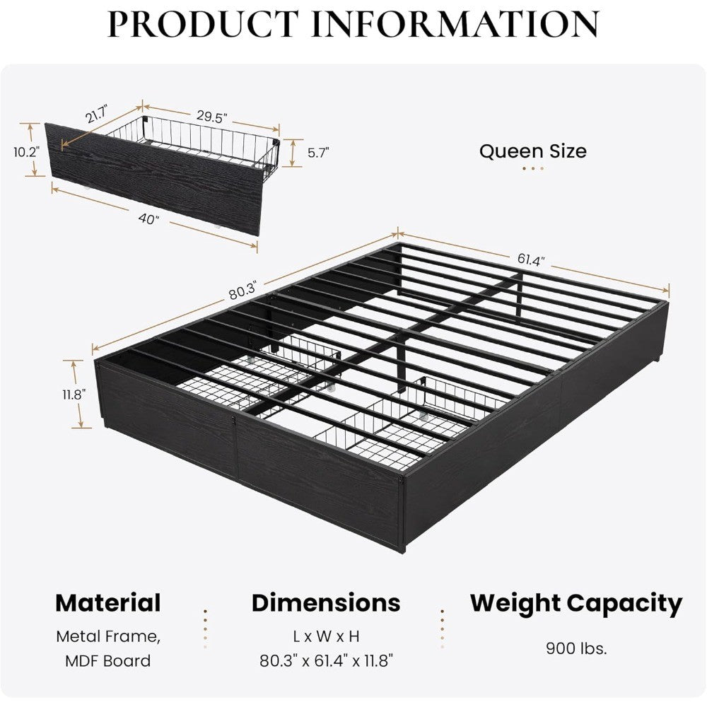 Cama Queen com Estrutura, 2 Gavetas Grandes de Armazenamento, Silenciosa, Fácil de Montar, Não Precisa de Box Spring, Cama com Armazenamento