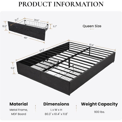Cama Queen com Estrutura, 2 Gavetas Grandes de Armazenamento, Silenciosa, Fácil de Montar, Não Precisa de Box Spring, Cama com Armazenamento