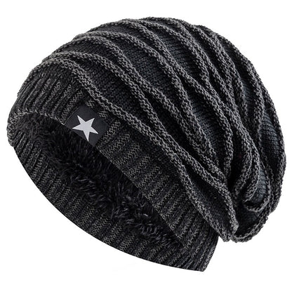 Novos Chapéus de Inverno Unissex Folgados Adicionam Forro de Pele Masculino e Feminino Gorro Quente Casual com Decoração de Estrela de Cinco Pontas Chapéus de Inverno de Tricô