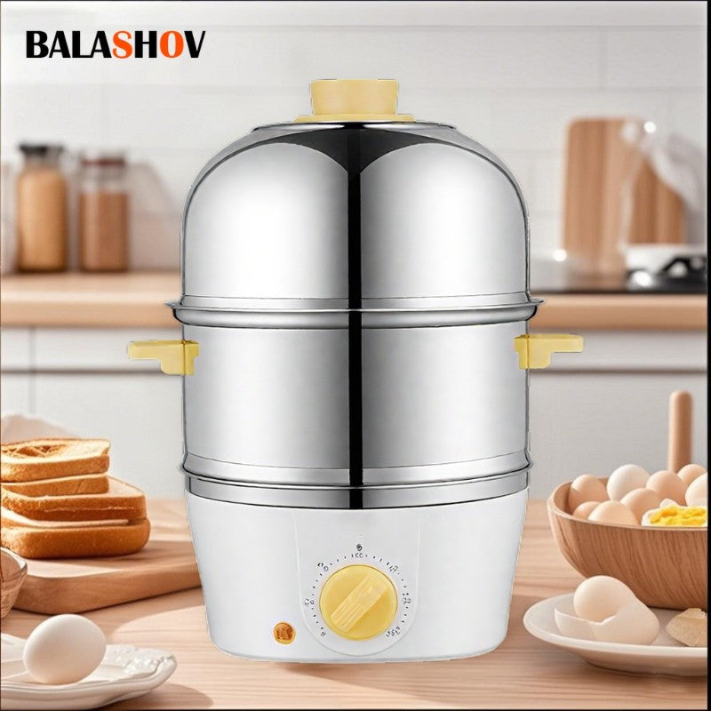 Panela Elétrica Multifuncional de Aço Inoxidável com Camada Dupla para Cozinhar Ovos – Vaporizador, Cozedor e Preparador de Café da Manhã, Eletrodoméstico Mini para Cozinha