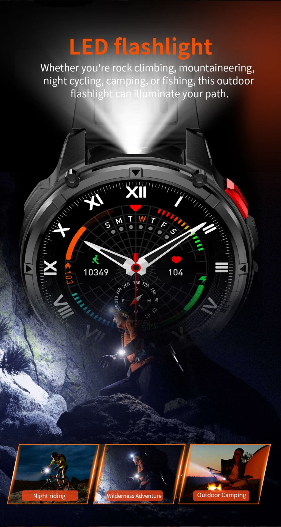 Relógio Inteligente Militar para Homens, Bateria de 1100mAh, Bússola, Monitor de Fitness, Tela AMOLED HD, Chamada BT, Smartwatch para Android IOS