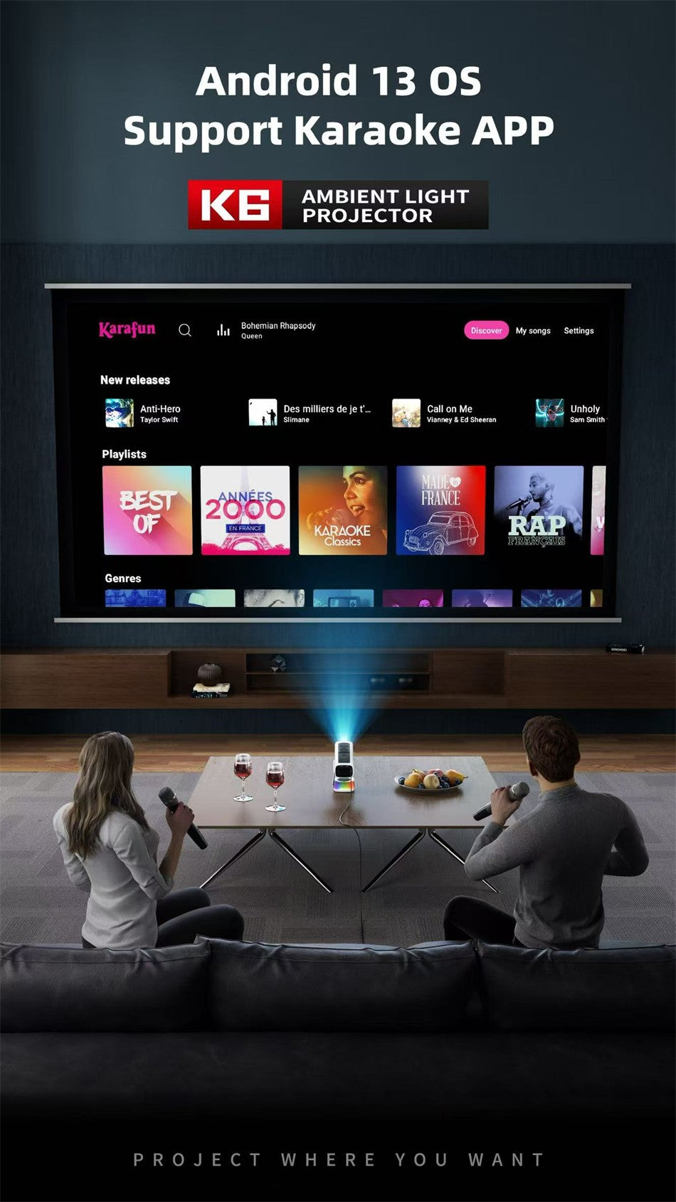 Novo Projetor Inteligente K6 Yuntai Portátil 1080P4K Projetor de Home Theater e Escritório com Bluetooth Sem Fio e Função K Song