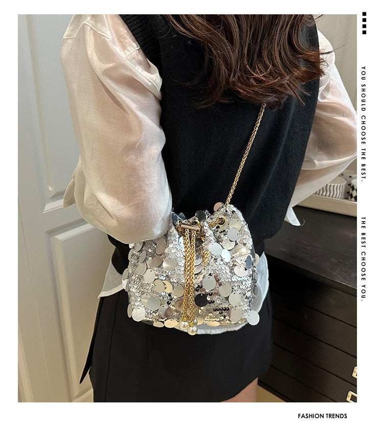 Sequin Chain Women's Portable Bucket Shoulder Bags Retro Ladies Dinner Party Clutch Purse Luxury Design Female Crossbody Bag