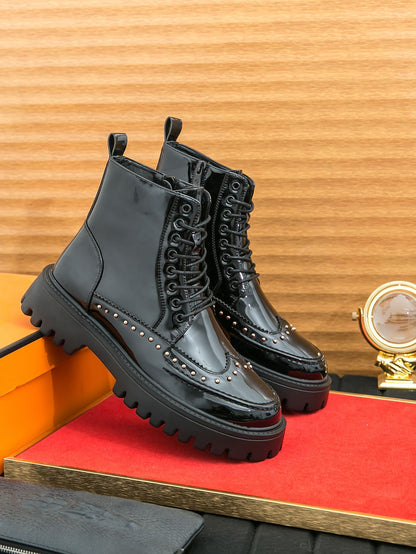 Fashion Rivet Designer Men Boots Motorcycle Pointed Toe Luxury Middle Ankle Short Leather Boots Men Punk Business Dress Shoes
