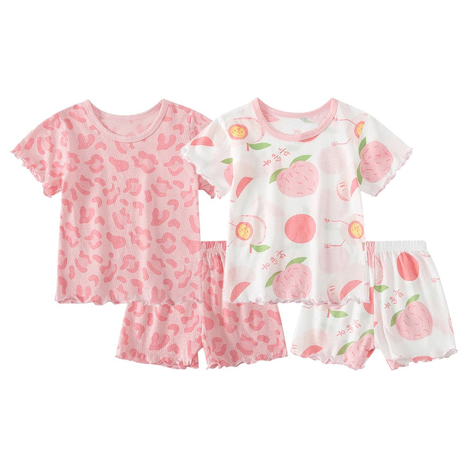 2Pcs 2025 Summer Kids Leopard Print Home Clothes Set Girls' Ice Silk Pajama Sets Baby Short Sleeve Shorts Tops Women' Loungewear