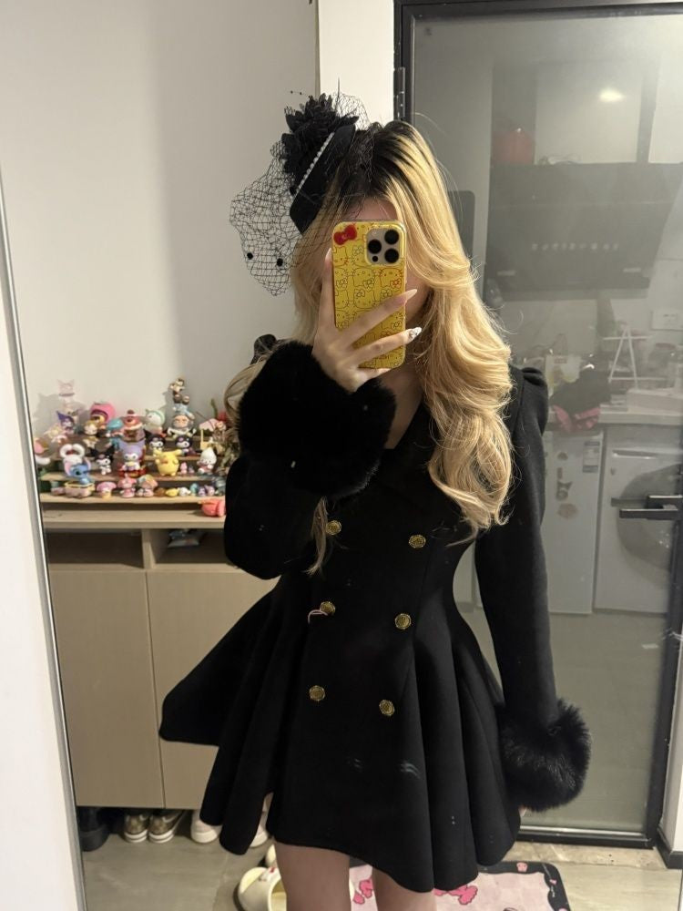 Winter Hepburn Black Fur Collar Woolen Coat French Style Vintage Blends Slim Mid-length Outwear Elegant Lolita Warm Outfits 2025