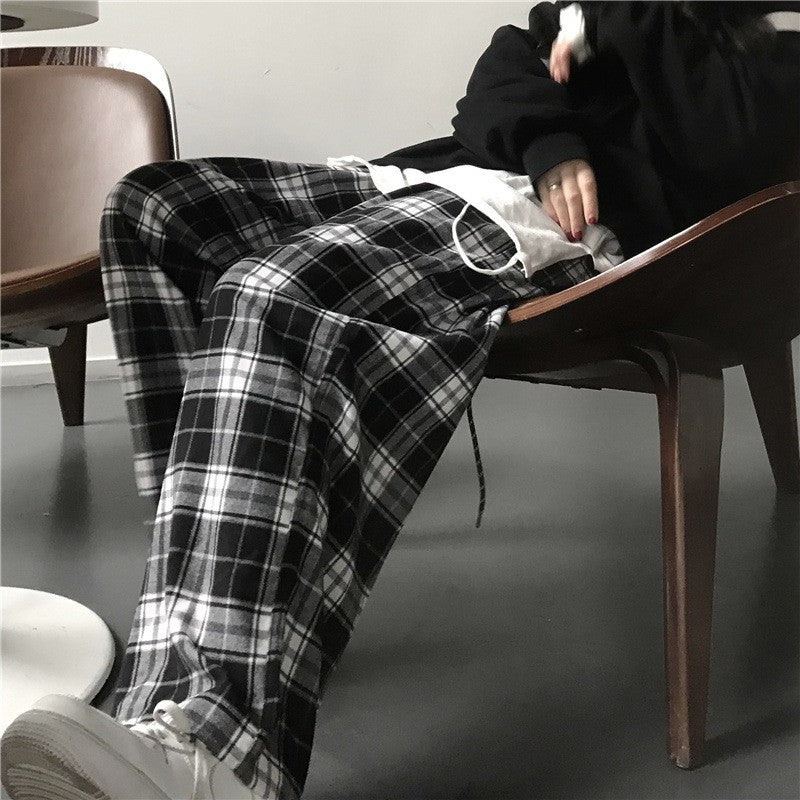 Women Black Plaid Wide Leg Pants Casual Hip Hop Elastic Waist Pockets Baggy Trousers Loose Vintage Y2K Sweatpants Streetwear