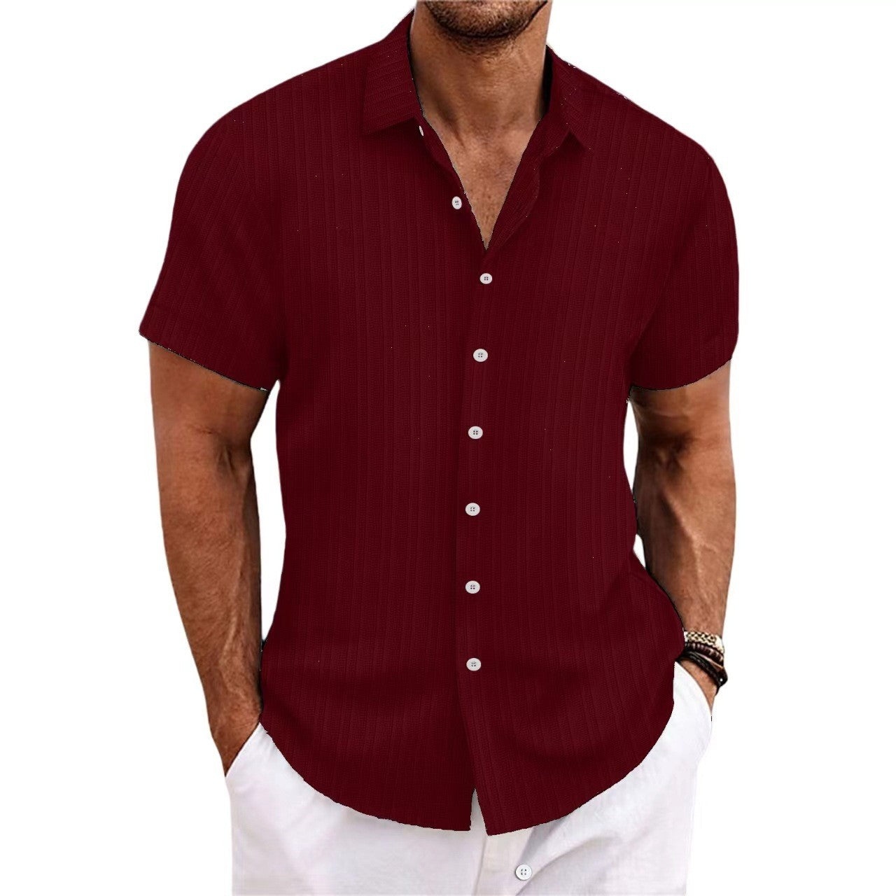 New Men's Cotton and Linen Striped Jacquard Casual Loose Short-sleeved Shirt
