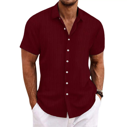 New Men's Cotton and Linen Striped Jacquard Casual Loose Short-sleeved Shirt