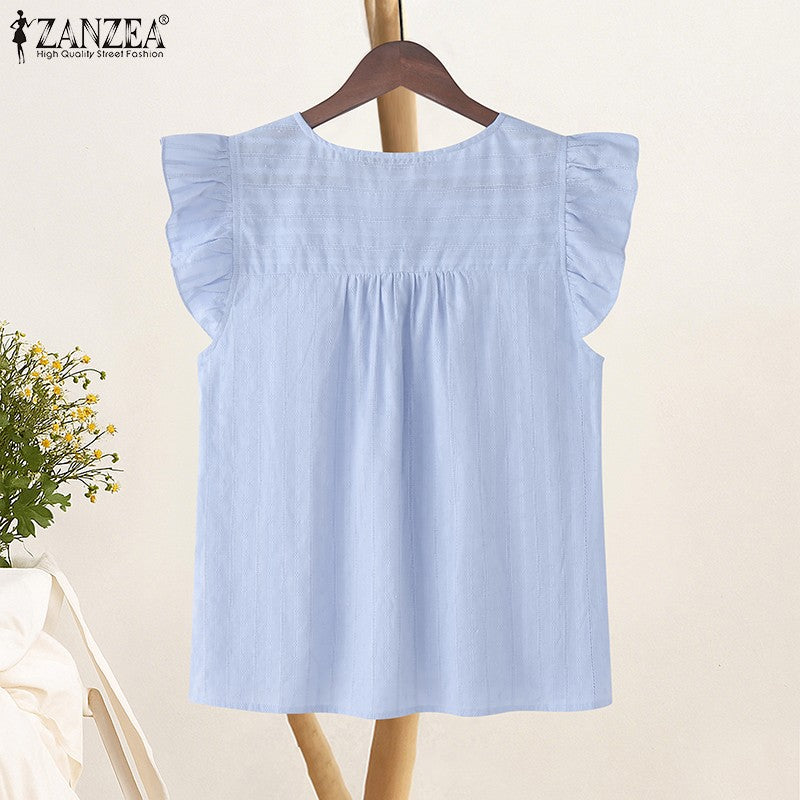 2025 ZANZEA Summer Elegant Shirt Women Sleeveless Holiday Blouse Stylish Tanks Tops Casual Solid Cotton Camis Mujer Blusas Femme