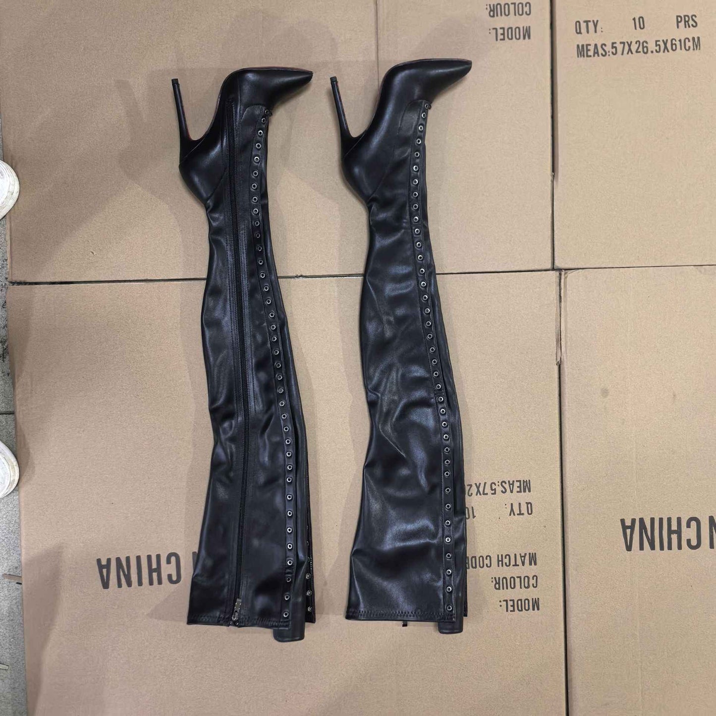 13CM Thin Heel Black Lace-up Over the knee Boots Woman Fetish Pointy Toe Boots Elastic Leather Thigh High Sexy Women Party Shoes