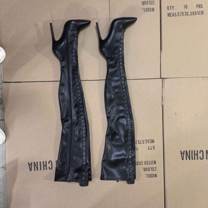 13CM Thin Heel Black Lace-up Over the knee Boots Woman Fetish Pointy Toe Boots Elastic Leather Thigh High Sexy Women Party Shoes