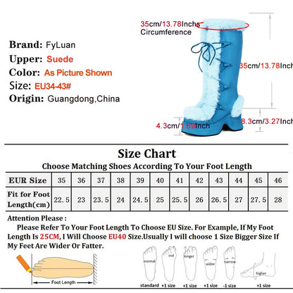 8CM Chunk Heels Winter Warm Knee High Boots Women Snow Short Plush Platform Boots Faux Fur Cosplay Lace-up Long Shoes Size 34-43