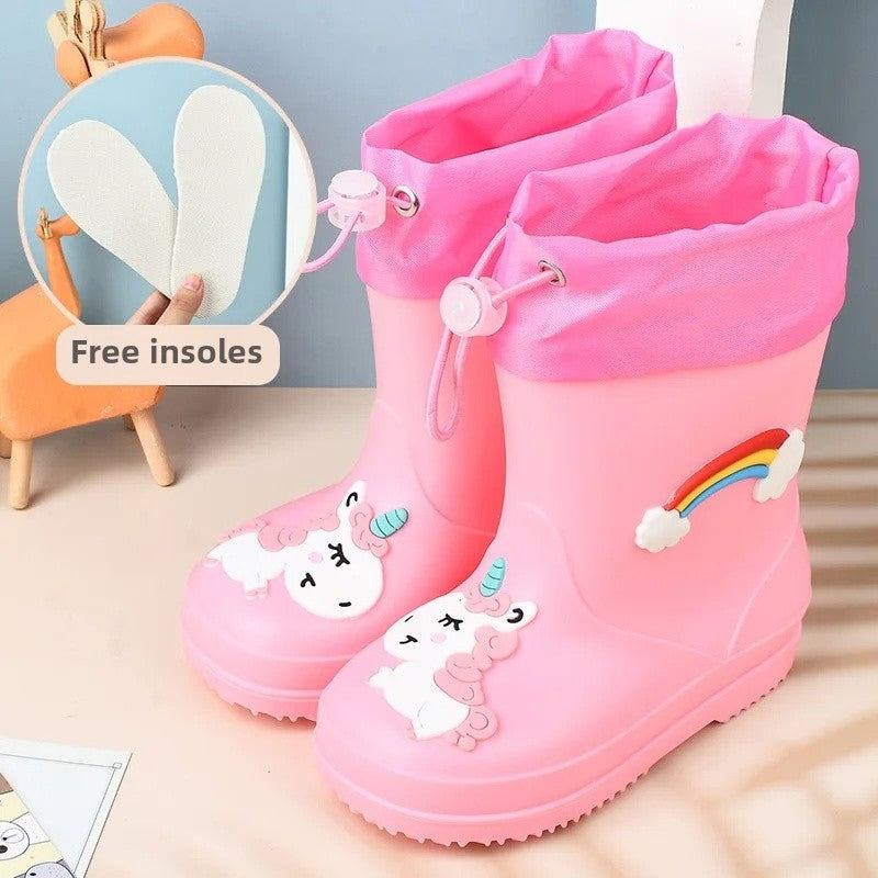 Children's Fleece-Lined Non-Slip Rain Boots For Boys And Girls Cartoon Cute Princess Style Anti-Slip Four Seasons Kids Shoes