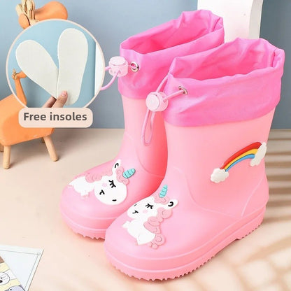Children's Fleece-Lined Non-Slip Rain Boots For Boys And Girls Cartoon Cute Princess Style Anti-Slip Four Seasons Kids Shoes