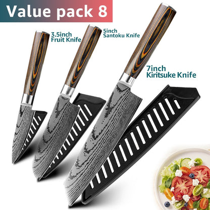 Conjunto de Facas de Cozinha 1-7PÇS Faca de Chef Japonesa Santoku 7CR17 Aço Inoxidável 440C Faca de Imitação de Damasco Cutelo de Carne Fatiador