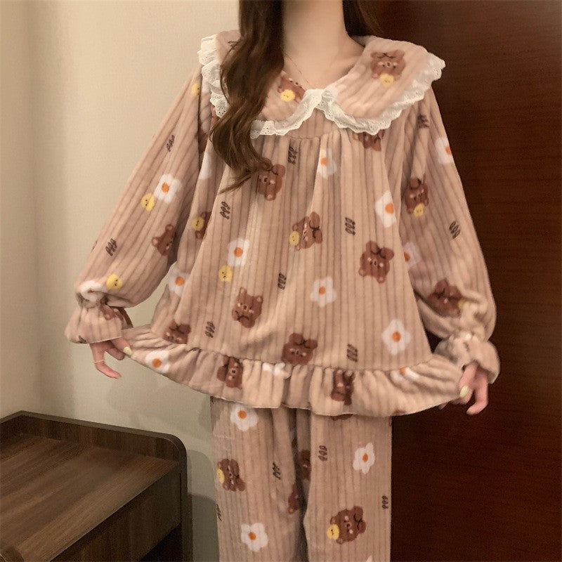 Warm Sleepwear Small Bear Peach Coral Velvet Two-Piece Set Women Pajamas Autumn and Winter Thickening Home Wear School Sleepwear