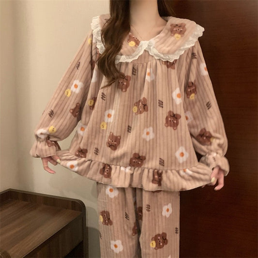 Warm Sleepwear Small Bear Peach Coral Velvet Two-Piece Set Women Pajamas Autumn and Winter Thickening Home Wear School Sleepwear