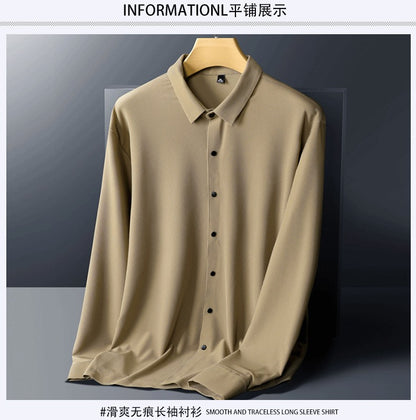 Stretch Elastic Stripe Men's Shirt Long Sleeve Classic Blouse Male Elegant Work Big Size Plus Large High Quality Ice Silk Social