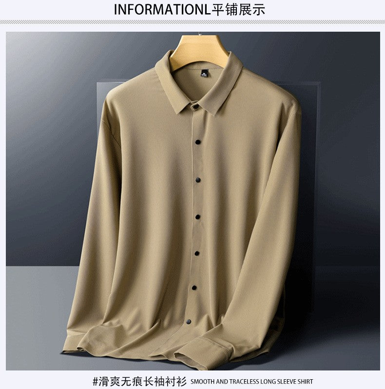 Stretch Elastic Stripe Men's Shirt Long Sleeve Classic Blouse Male Elegant Work Big Size Plus Large High Quality Ice Silk Social
