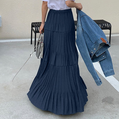 ZANZEA Plus Size 5XL Women Maxi Skirts 2025 Autumn Elastic Waist Pleated Long Skirt Casual Solid Color High Waist Ruffled Skirts