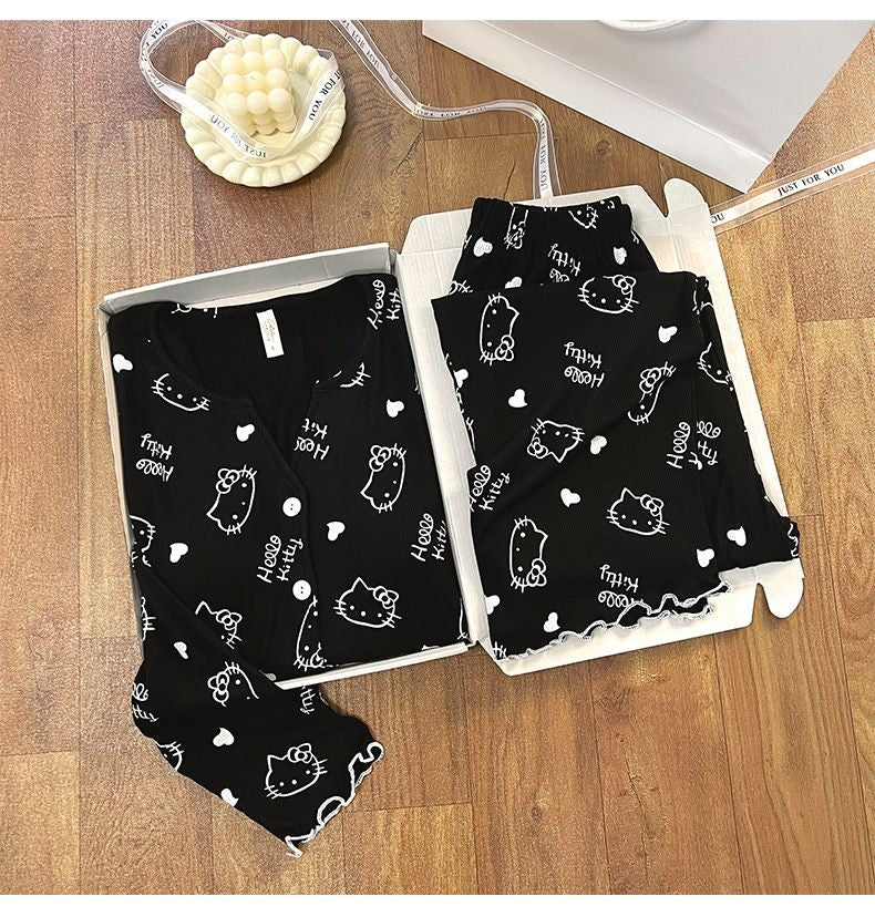 New Women Hello Kitty Pajamas Set Long Sleeve V-Neck Cardigan and Pants Cute Cartoon Homewear Sleepwear Loungewear Spring Autumn