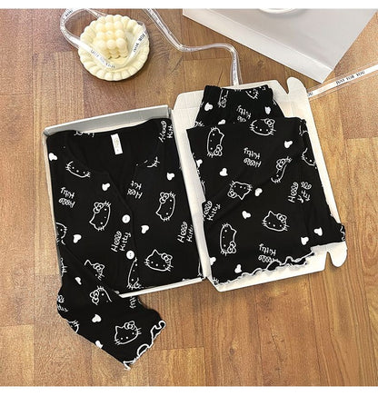 New Women Hello Kitty Pajamas Set Long Sleeve V-Neck Cardigan and Pants Cute Cartoon Homewear Sleepwear Loungewear Spring Autumn