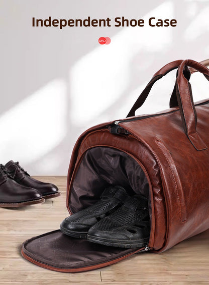 Vintage Suit Travel Bag with Large Capacity Waterproof PU Fabric Independent Shoe Case for Business Trip Suit Protection Bag