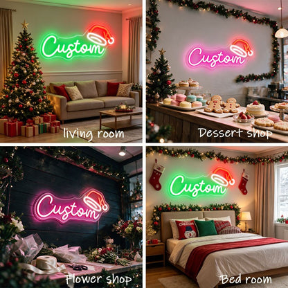 Custom Text and Santa Hat Neon Sign Creative LED Christmas Light Wall Decor Unique Xmas Gift for Home Party Holiday Decoration