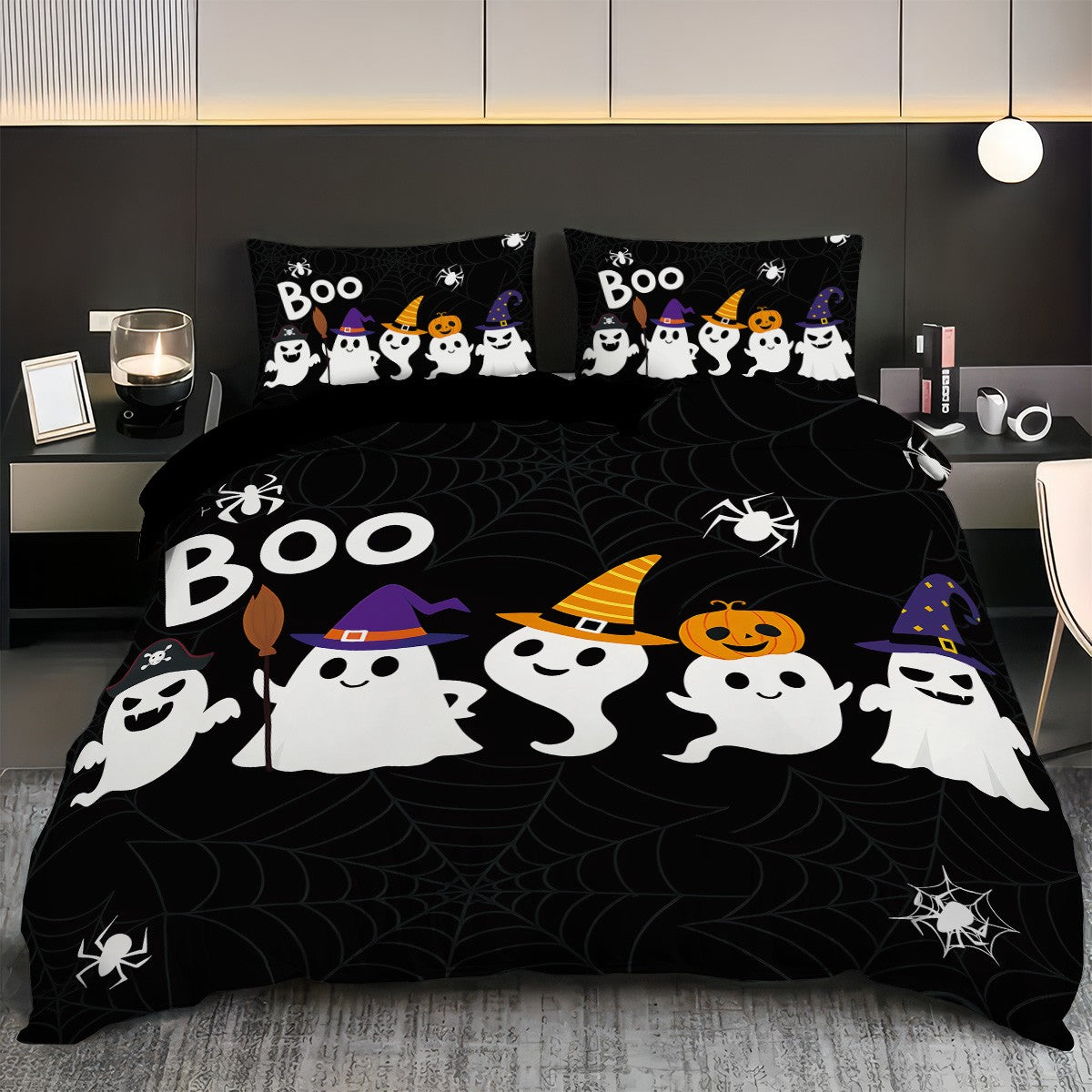 3 capas de edredom fofas de fantasma de Halloween, 1 capa de edredom + 2 fronhas, sem enchimento. Conjunto de cama macio e confortável, lavável à máquina