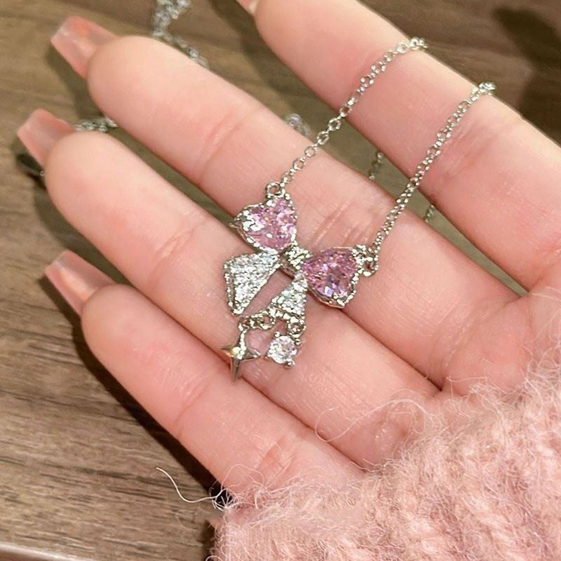 Colar de laço rosa fofo e descolado, corrente de clavícula, acessórios versáteis, luxuosos e simples.