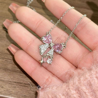 Colar de laço rosa fofo e descolado, corrente de clavícula, acessórios versáteis, luxuosos e simples.